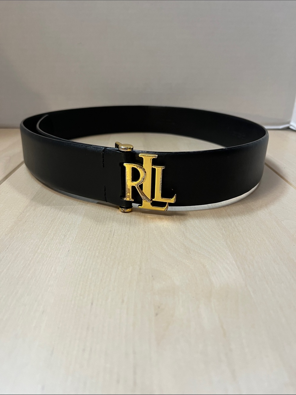 Lauren Ralph Lauren Women's Medium Gold Tone Logo Black Leather Belt *READ